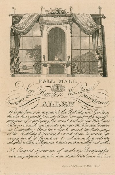 Annons för Allens nya möbellager, 61 Pall Mall, London av English School