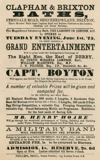 Annons för Clapham and Brixton Baths, Ferndale Road, Shepherds Lane, Brixton, London; med kapten Boyton av English School