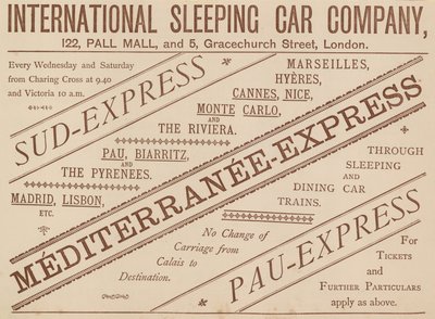 Annons för International Sleeping Car Company, 122 Pall Mall och 5 Graceshurch Street, 1888 av English School