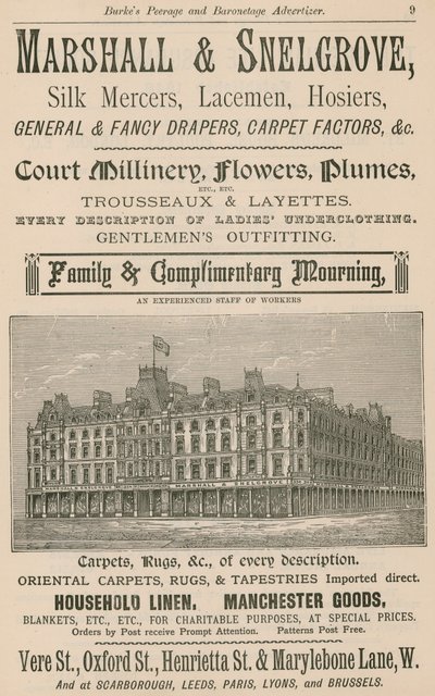 Annons för Marshall & Snelgrove, Silk Mercers, Lacemen, Hosiers av English School