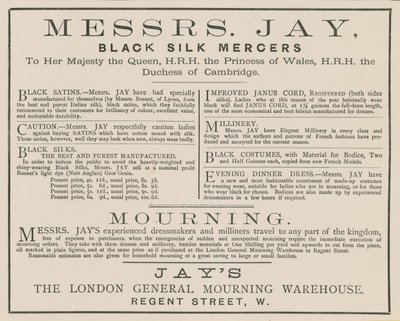 Annons för Mrs Jay, London General Mourning Warehouse, Regent Street av English School