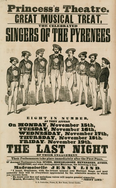 Annons för Princess Theatre, London, med sångarna från Pyrenéerna av English School
