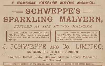 Annons för Schweppes Sparkling Malvern, buteljerad vid källorna, Malvern av English School
