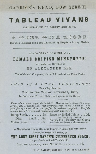 Annons för Tableau Vivans, illustrationer av poesi och sång, Garricks Head, Bow Street, London av English School