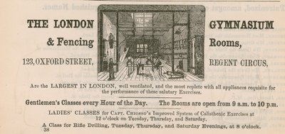 Annons för The London Gymnasium & Fencing Rooms, 123 Oxford Street, Regent Circus av English School