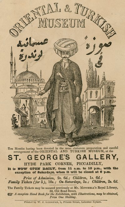 Annons för The Oriental and Turkish Museum på St Georges Gallery, Hyde Park Corner, Piccadilly, London av English School
