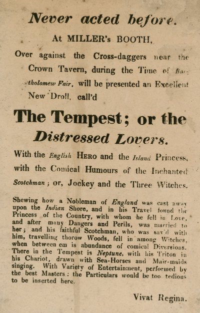 Annons för The Tempest; eller, The Distressed Lovers, uppträdde på Millers Booth, Cross Daggers, nära Crown Tavern av English School