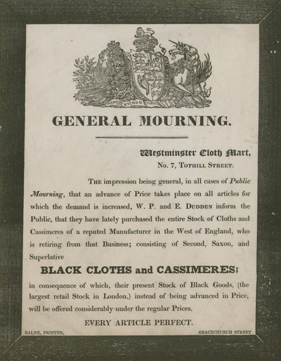 Annons för W P och E Dudden, Westminster Cloth Mart, 7 Tothill Street av English School