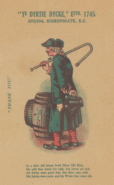 Annons för Ye Dyrtie Dycke (Dirty Dick), 202-204 Bishopsgate, London av English School