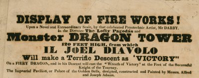 Annons för uppvisning av fyrverkerier, Vauxhall Gardens, London av English School