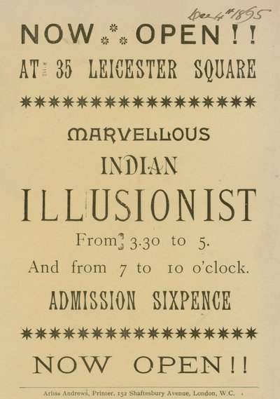 Annons för en indisk illusionist som dyker upp på 35 Leicester Square, London av English School