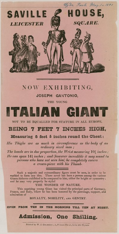 Annonsera för ett framträdande av Joseph Gantonio, den unga italienska jätten av English School