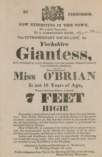 Annonsera för ett framträdande av Miss OBrian, Yorkshire Giantess av English School