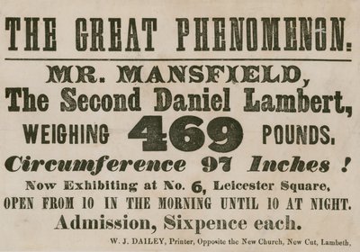 Annonsera för ett framträdande av Mr Mansfield, en andra Daniel Lambert, som väger 469 pund av English School