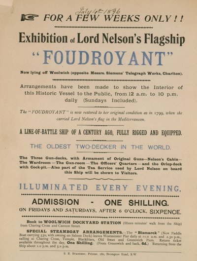 Annonsera för en utställning av Lord Nelsons flaggskepp Foudroyant av English School