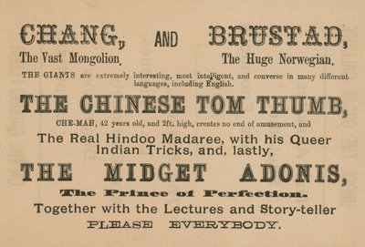 Annonsera för framträdanden av Chang, Brustad, The Chinese Tom Thumb och The Midget Adonis av English School