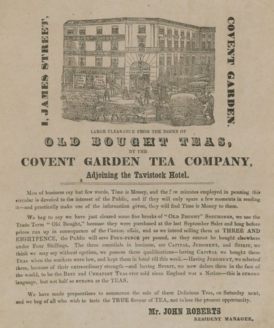 Annons för gamla köpta teer från Covent Garden Tea Company av English School