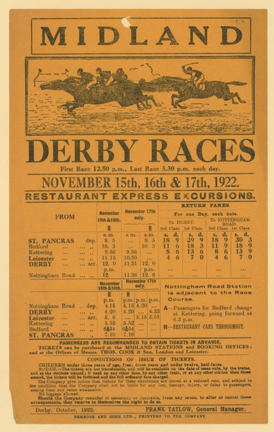 Annons för järnvägsutflykt till Midland Derby Races, 15-17 november 1922 av English School