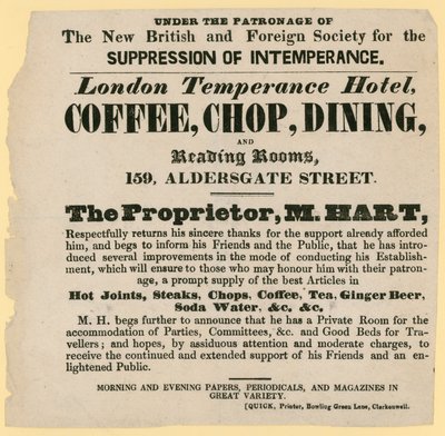 Annons för London Temperance Hotel, under beskydd av New British and Foreign Society for the suppression of imperance av English School