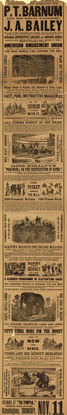 Annonsera för utseendet av P T Barnum och J A Baileys show på Olympia av English School