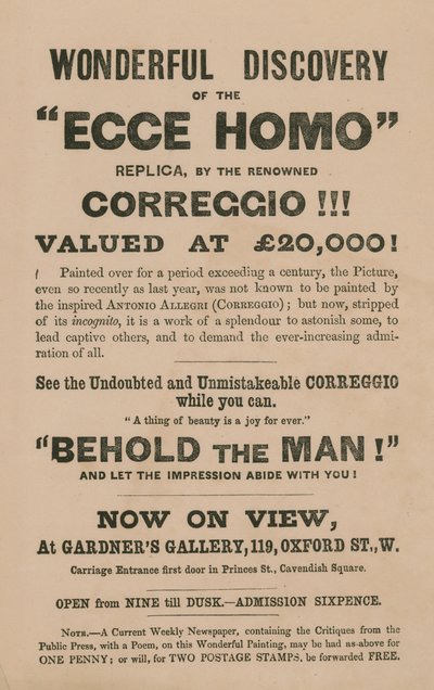 Annons för utställningen av en replik av målningen Ecce Homo av Correggio (Antonio Allegri) av English School