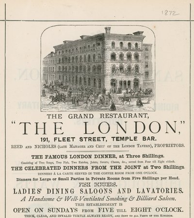 Annons för den storslagna restaurangen The London, 191 Fleet Street, Temple Bar av English School