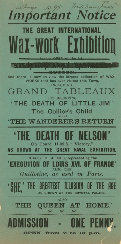 Annons för den stora internationella vaxutställningen, Mitcham Fair, augusti 1895 av English School