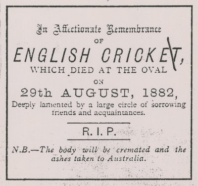Annons från Sporting Times i augusti 1882 som introducerade konceptet The Ashes av English School