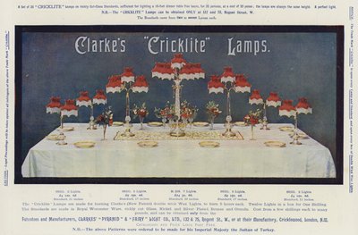 Annons, Clarkes "Cricklite" lampor (chromolitho) av English School