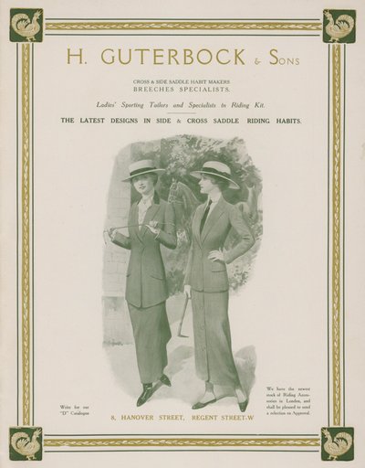 Annons för H Guterbock & Sons, sportskräddare för damer och specialister på ridutrustning (litho i färg) av English School