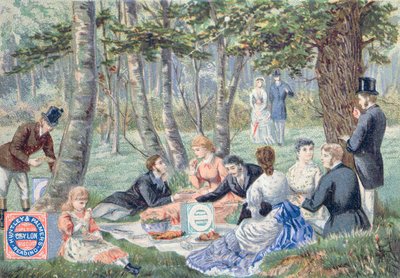 Annons för Imperial Ceylon Biscuits gjord av Huntley & Palmer som visar en picknick i Epping Forest av English School