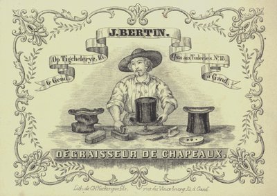 Annons för J Bertin, hattstädare, Gent, Belgien (litho) av English School