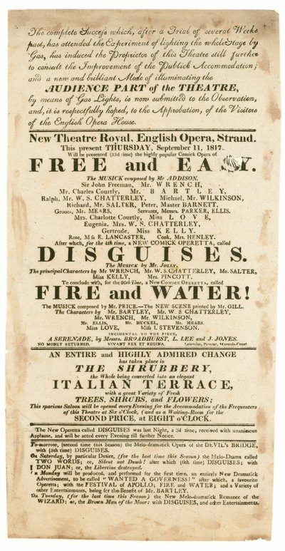 Annons för New Theatre Royal, English Opera, Strand, London, den 11 september 1817, där gasbelysning nämns av English School