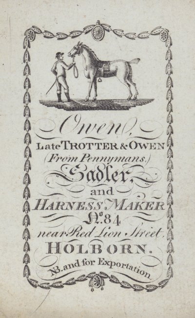 Annons för Owen, sadelmakare och selmakare, London (litografi) av English School