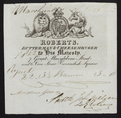 Annons för Roberts, smörman och osthandlare, London av English School