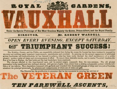 Annons för Royal Garden, Vauxhall; Vauxhall Gardens, London av English School