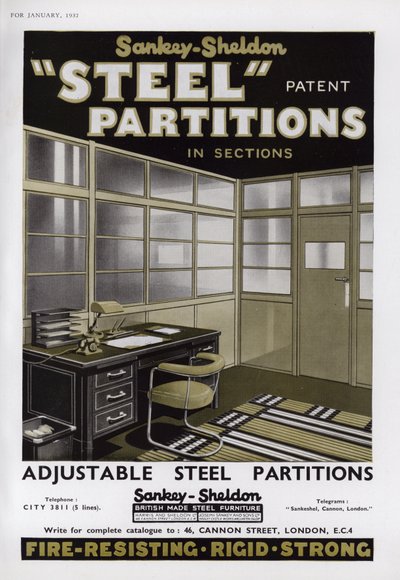 Annons för Sankey-Sheldon Steel Partitions, 1937 av English School