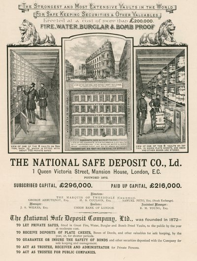 Annons för The National Safe Deposit Company, 1 Queen Victoria Street, Mansion House, London av English School