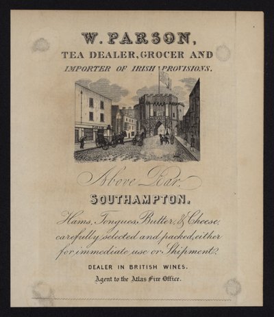 Annons för W Parson, tehandlare, livsmedelsaffär och importör av irländska proviant, Southampton, Hampshire av English School