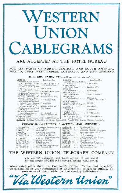 Annons för Western Union Cablegrams (färg litho) av English School