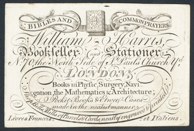 Annons för William Harris, bokhandlare och brevskrivare, London av English School
