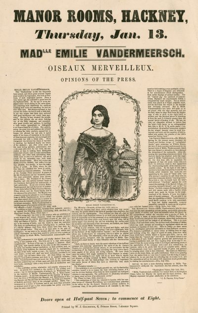 Annons för framträdandet av Mademoiselle Emile Vandermeersch, Oiseaux Merveilleux på Manor Rooms, Hackney, London av English School