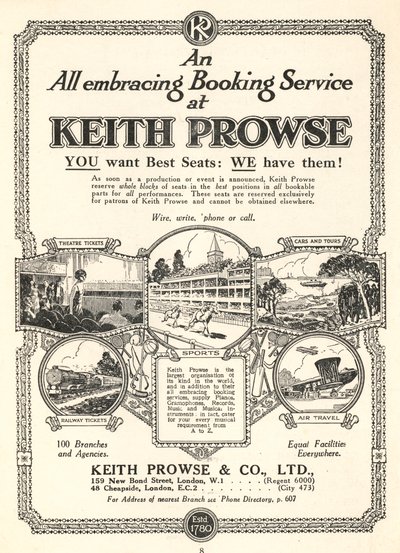 Annons för biljettbokningstjänster från Keith Prowse & Co, Ltd (litho) av English School