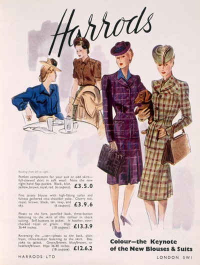 Annons för damblusar och kostymer på Harrods, 1945 av English School