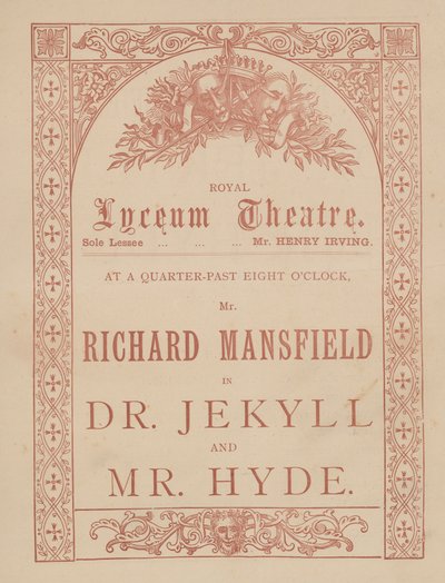 Reklamkort för Lyceum Theatre, Dr Jekyll och Mr Hyde med Richard Mansfield i huvudrollen av English School