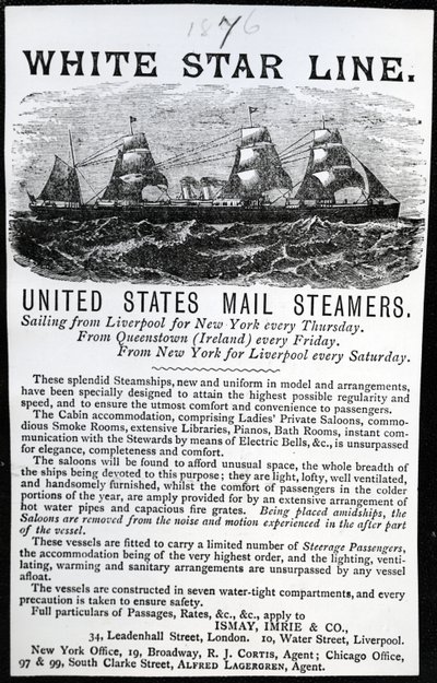 Annons för White Star Line, 1876 (tryckt papper) av English School