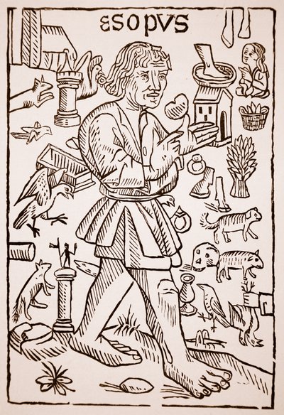 Aesop, frontispice till Aesops Fables av William Caxton (ca 1422-91), 1434 (sepiafoto) av English School