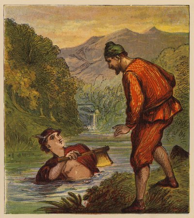 Aesops Fables: Mercury and the Woodman (färg litho) av English School