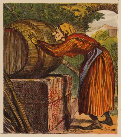 Aesops Fables: The Woman and the Wine-Cask (färg litho) av English School