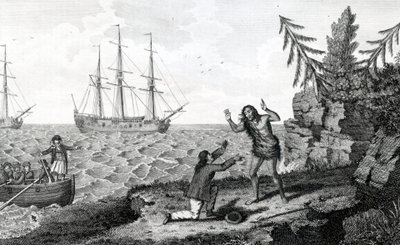 Påverkande intervju av två Mokito Men, illustration hämtad från Moores Voyages and Travels, 1778 av English School
